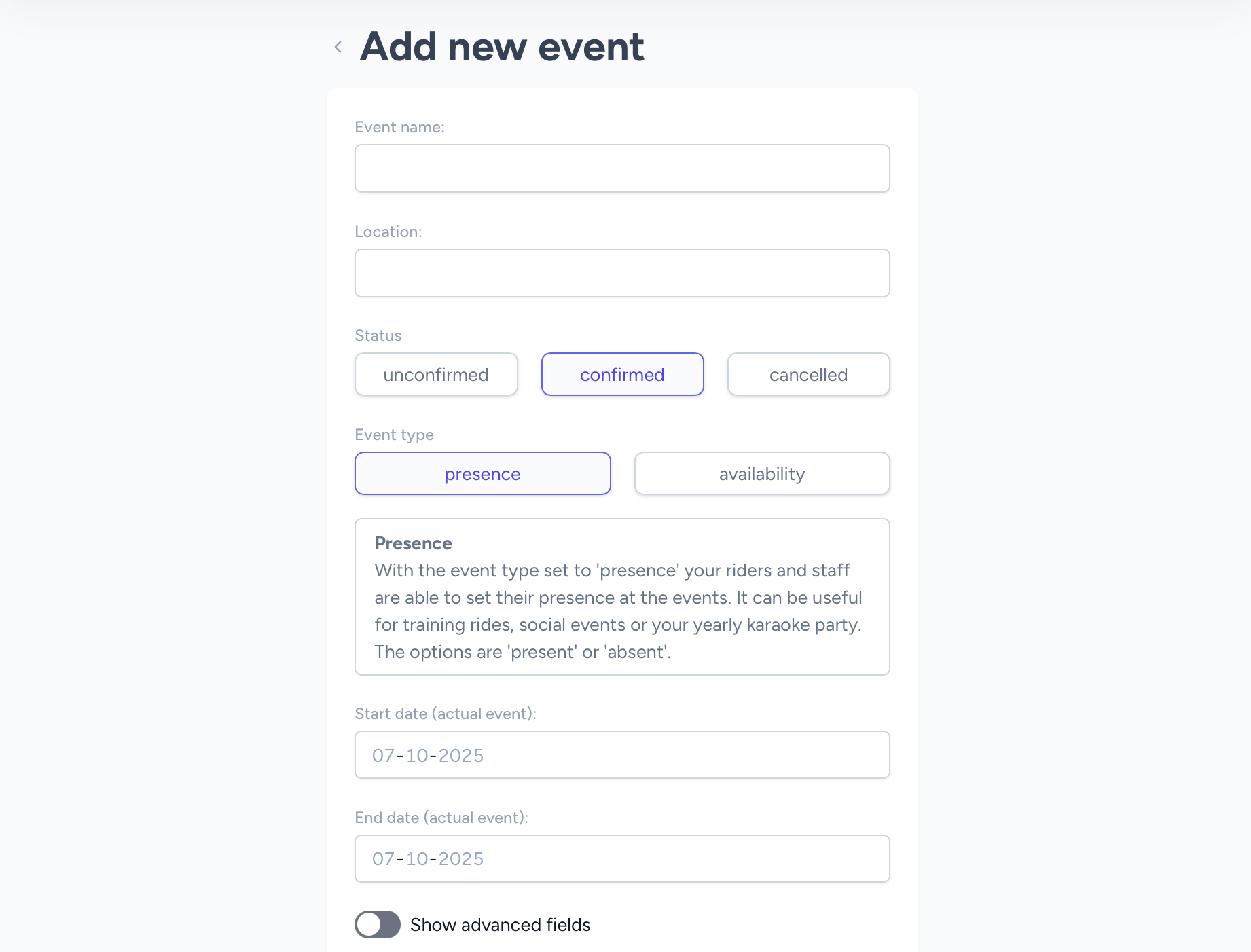 Event creation screen